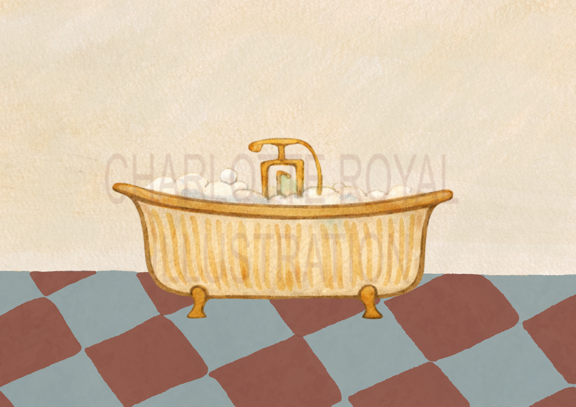 Clawfoot Bathtub Print In Terracotta & Blue